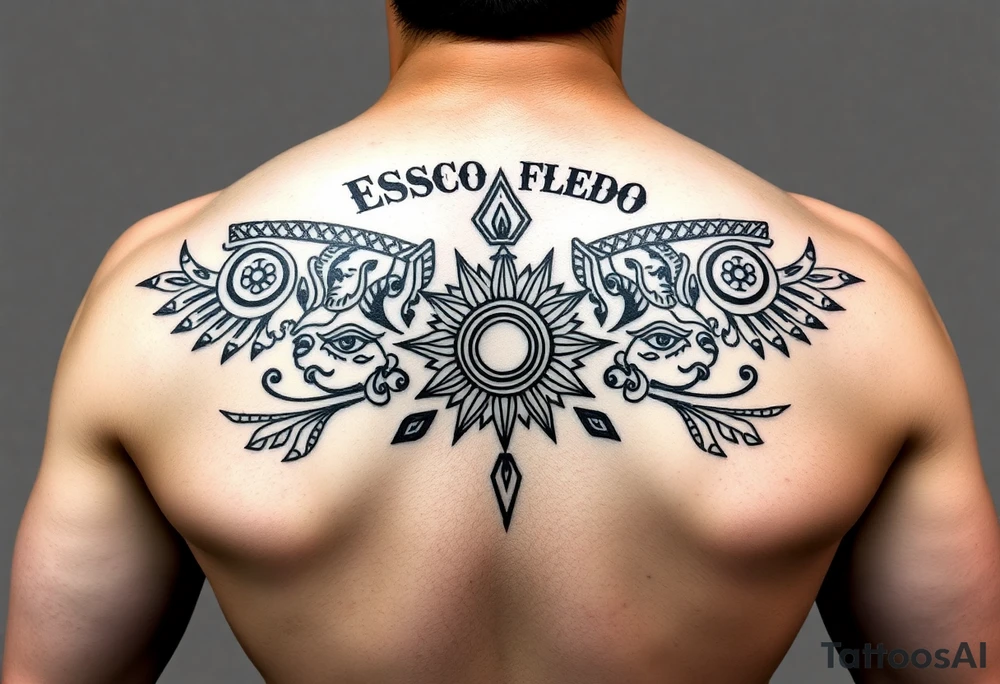 "A symmetrical Aztec or Mexican tribal pattern, incorporating geometric shapes, warrior masks, and sun symbols. The design is centered just below the bold 'Escobedo' name across the shoulders, maintaining a balanced and culturally meaningful aesthetic." tattoo idea