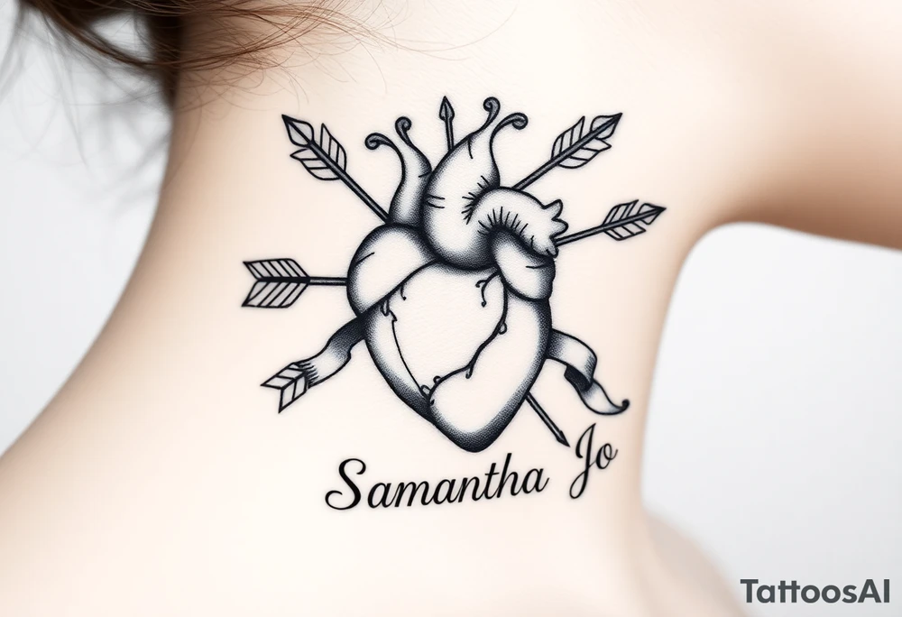 anatomical heart pierced by ornate arrow with flowing ribbons with the name Samantha Jo tattoo idea