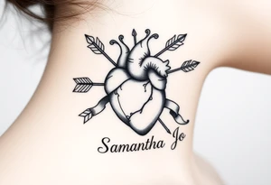 anatomical heart pierced by ornate arrow with flowing ribbons with the name Samantha Jo tattoo idea