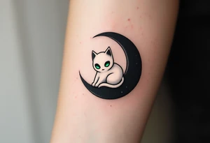 Tim Burton’s ghost cat glows faintly white with sunken green eyes, curled on a black crescent moon. tattoo idea