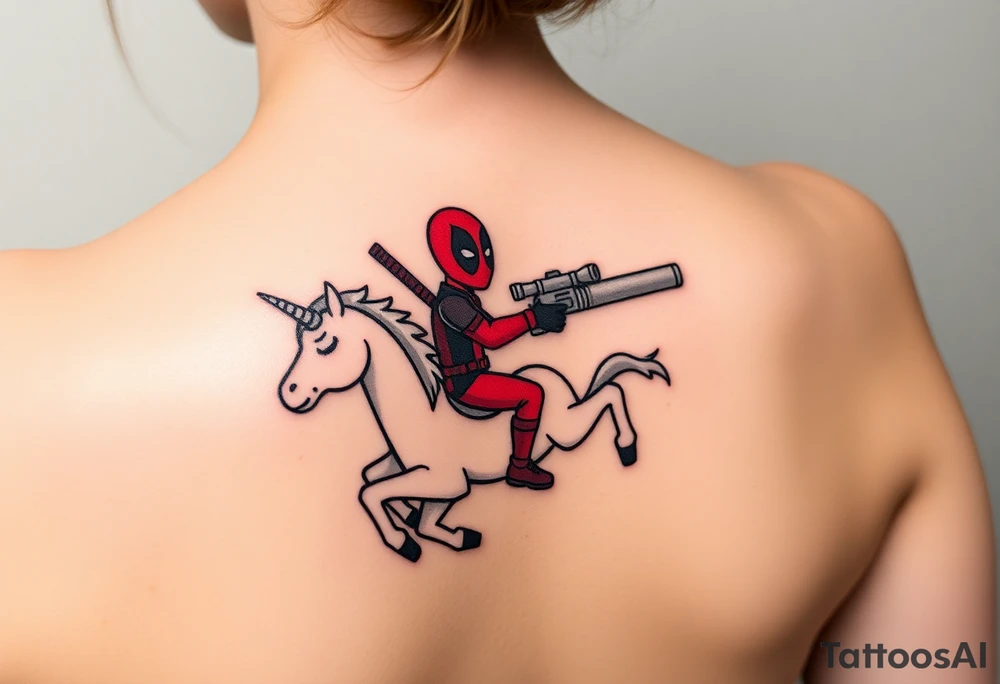 Deadpool riding unicorn pointing rocket propelled grenade launcher tattoo idea