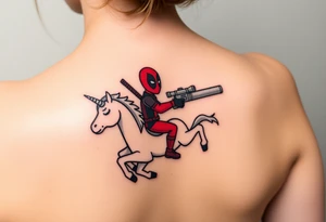 Deadpool riding unicorn pointing rocket propelled grenade launcher tattoo idea