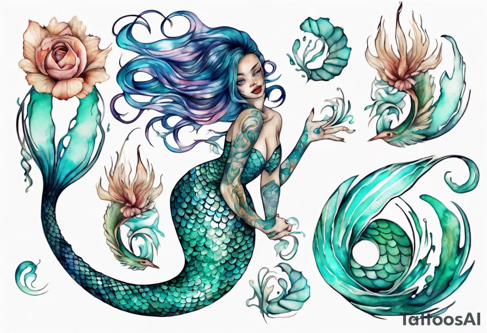 a mermaid serpent hybrid with turquoise scales by the ocean tattoo idea