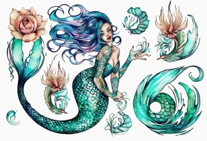 a mermaid serpent hybrid with turquoise scales by the ocean tattoo idea