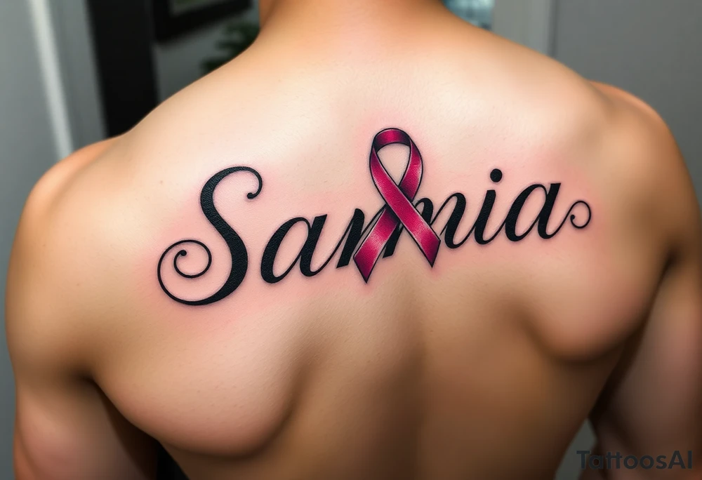 The name Samia. With a breast cancer (in pink) ribbon flowing off the last a. tattoo idea