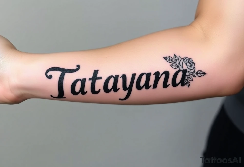 Tatayana name tattoo for a father using old English lettering and roses that starts reading from the wrist to the elbow tattoo idea