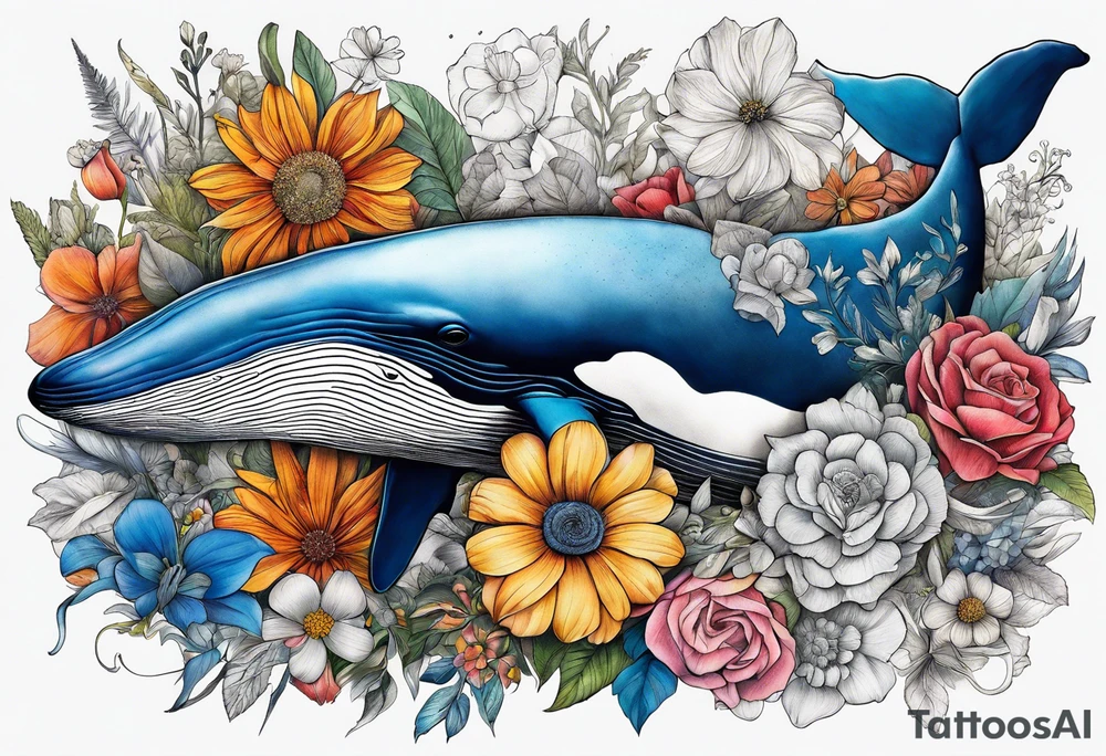 flowers, bold color, collage, blue whale tattoo idea