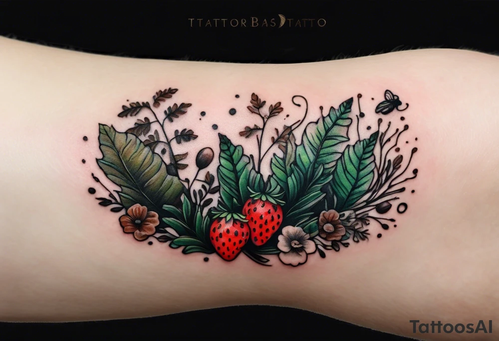 forest floor inspired minimalist tattoo, which includes grass, curly ferns and dead leaves as the bulk of the tattoo. details to include: three very tiny strawberries, a tiny bumblebee flying nearby, three small brown mushrooms tattoo idea