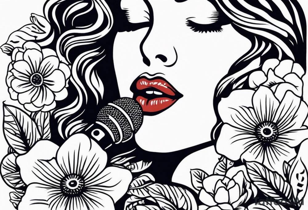 lips singing old school vintage traditional
flowers around and mouth next to microphone tattoo idea