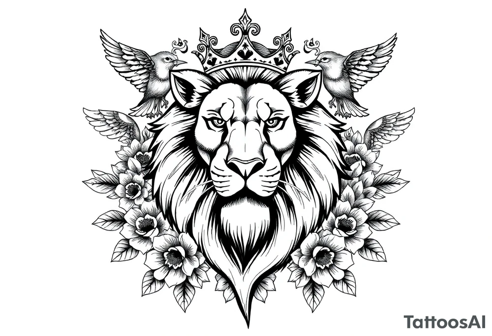 powerful majestic lion with a crown, surrounded by floral ornaments and birds tattoo idea