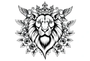 powerful majestic lion with a crown, surrounded by floral ornaments and birds tattoo idea