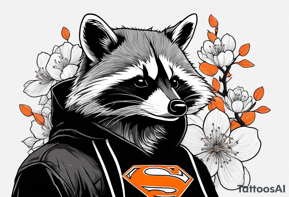 Raccoon wearing a white Superman logo on a black hoodie and orange Japanese cherry blossoms beside tattoo idea