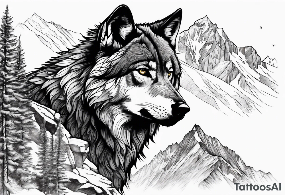 Mountains, wolf in it tattoo idea