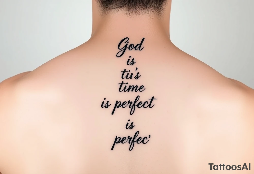 Backbone tatto for men write in a vertical way “God’s time is perfect”

Improve writing ina vertical way tattoo idea