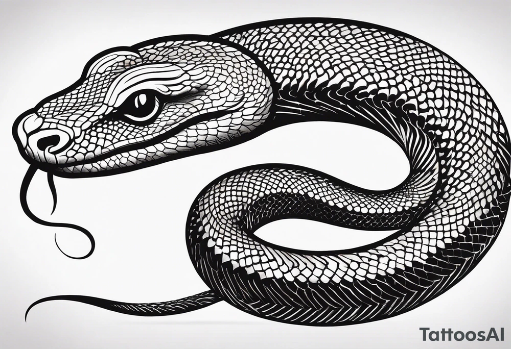 Create a detailed sketch of a snake tattoo. The design should feature a coiled snake with intricate scales and a dynamic, flowing pose. Emphasize the snake's head with a slightly menacing expression, its forked tongue flicking out. Include subtle shading to highlight the texture of the scales and give the design a sense of depth. The overall style should be clean and bold, suitable for a tattoo, with a focus on both artistic and anatomical accuracy. Consider incorporating elements like floral or geometric patterns in the background to complement the snake tattoo idea