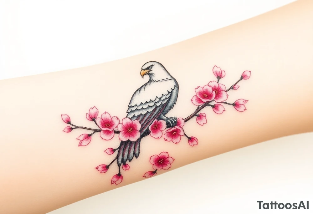 A peaceful eagle resting on a cherry blossom tree branch, surrounded by soft pink petals floating in the wind tattoo idea
