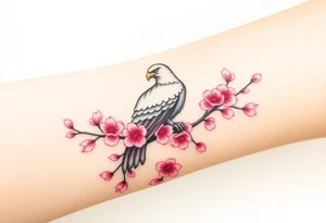 A peaceful eagle resting on a cherry blossom tree branch, surrounded by soft pink petals floating in the wind tattoo idea