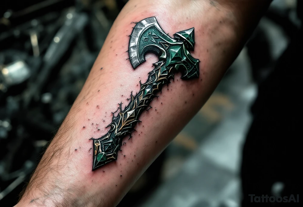A dark green Perun's axe tattoo with carved wooden textures and silver highlights, symbolizing strength and masculine protection. tattoo idea