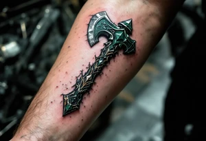 A dark green Perun's axe tattoo with carved wooden textures and silver highlights, symbolizing strength and masculine protection. tattoo idea