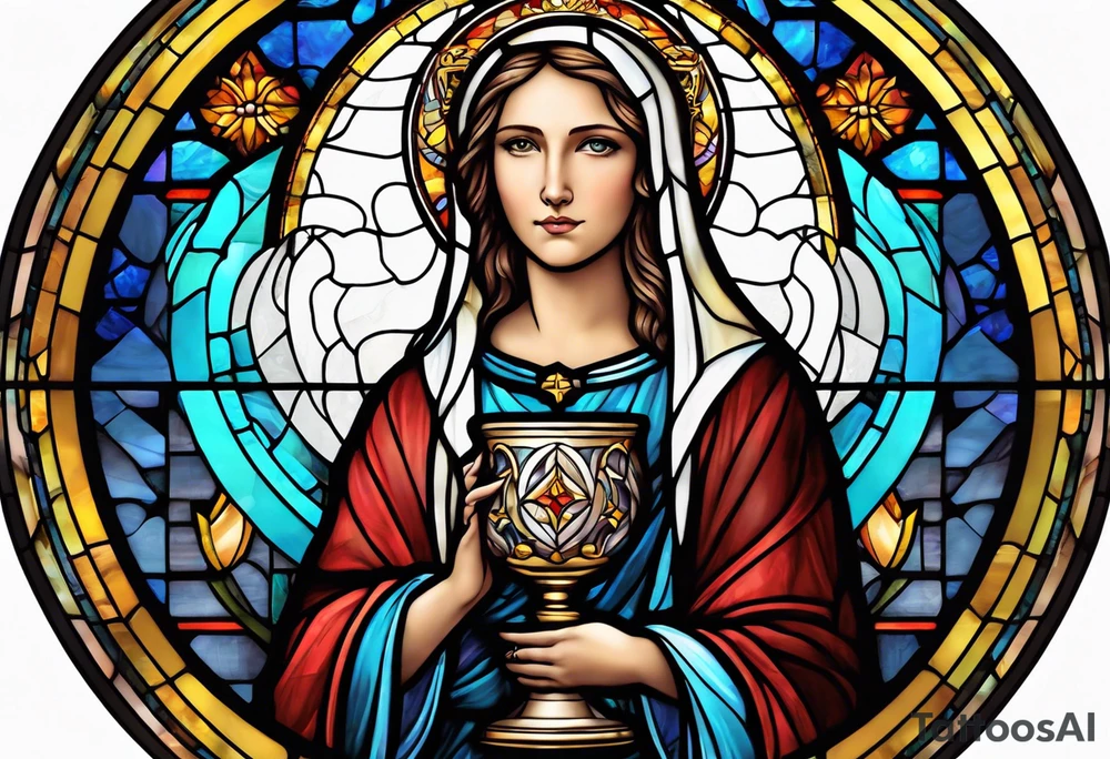holy saint woman with halo stained glass holding a chalice tattoo idea