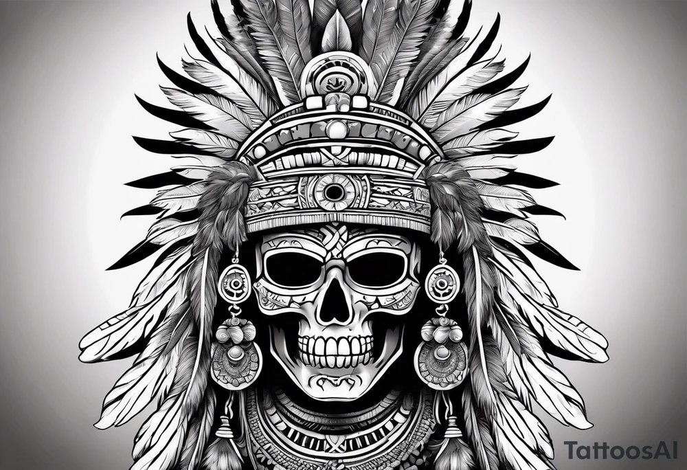 aztec god of death Mictlantecuhtli with long feathers around his head and skull as a head tattoo idea