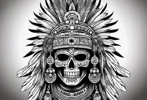 aztec god of death Mictlantecuhtli with long feathers around his head and skull as a head tattoo idea