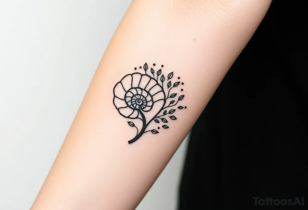 Fibonacci spiral shell on side of base of tree full of lots of leaves tattoo idea
