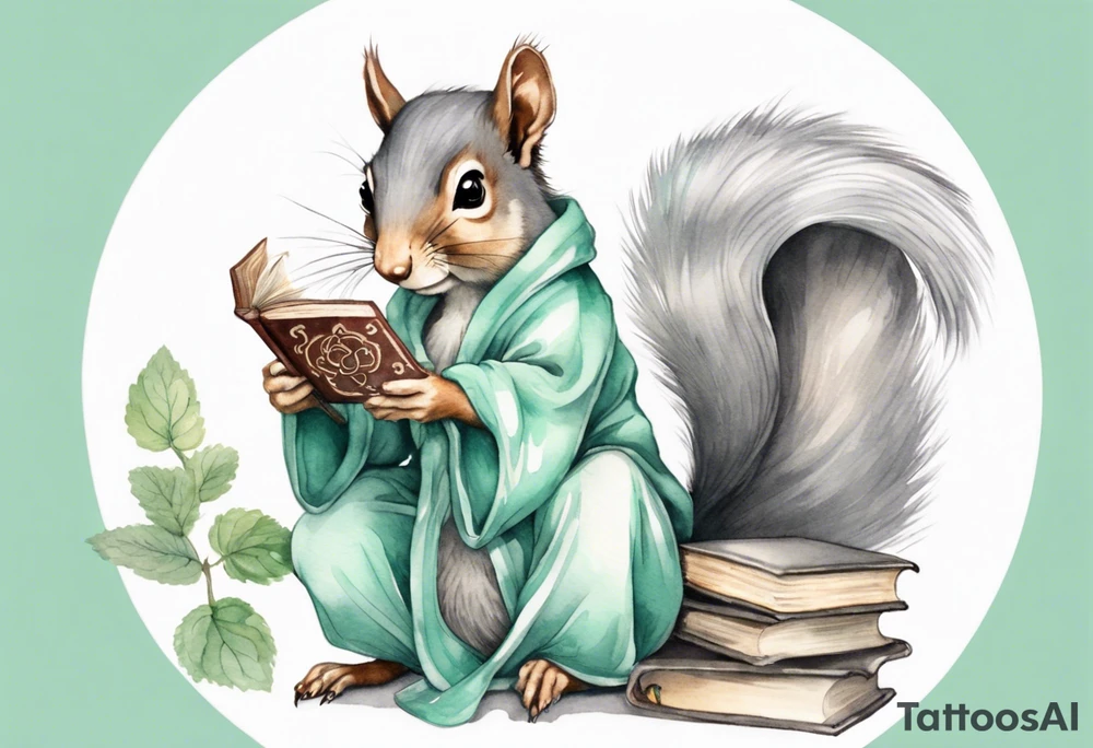 a grey squirrel with long feminine hair and a mint and grey robe, holding a magic book tattoo idea