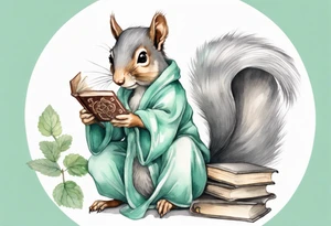 a grey squirrel with long feminine hair and a mint and grey robe, holding a magic book tattoo idea