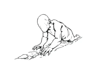 Confusion and pressure in thin lines solo traveler with no face with his body parts left on the path behind him he’s crawling tattoo idea