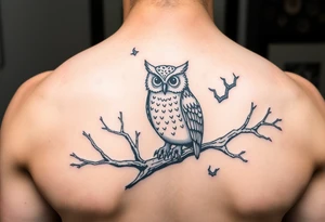 wise owl perched on ancient oak branch under starlit sky tattoo idea