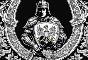 Serbian knight holding a shield with the Serbian eagle in the shield with a clock behind him tattoo idea