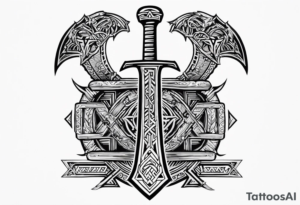 Valhalla 
 sword axe valknut tattoo idea