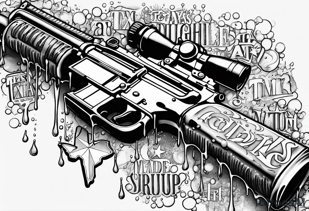 AR15 dripping syrup and the words Texas Made in bubble letters on top of the AR tattoo idea