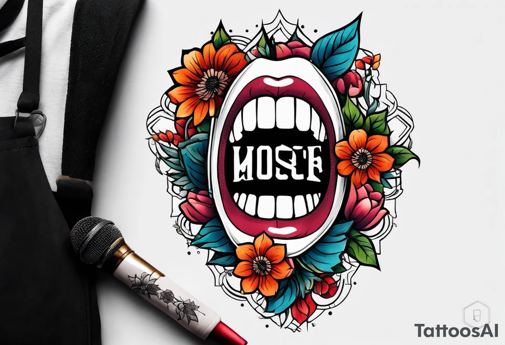 traditional vintage tattoo of mouth singing in microphone simple  flowers and banner
no face tattoo idea