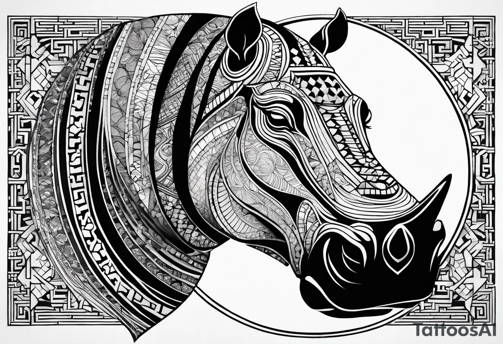 Asymmetrical, geometric, chinese ink art touch, hippo , full moon, tribal tattoo idea