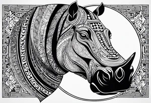Asymmetrical, geometric, chinese ink art touch, hippo , full moon, tribal tattoo idea