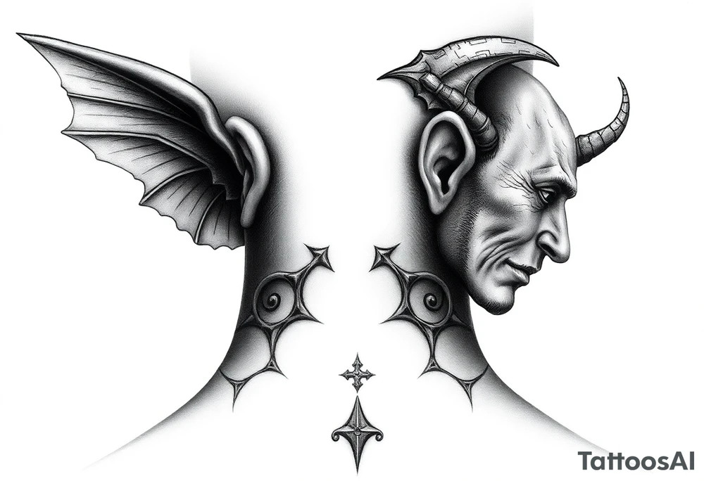 position behind the neck Angel (on the right) whispering in the right ear, demon (on the left) whispering in the left ear. It must be as realistic as possible. tattoo idea