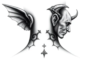position behind the neck Angel (on the right) whispering in the right ear, demon (on the left) whispering in the left ear. It must be as realistic as possible. tattoo idea
