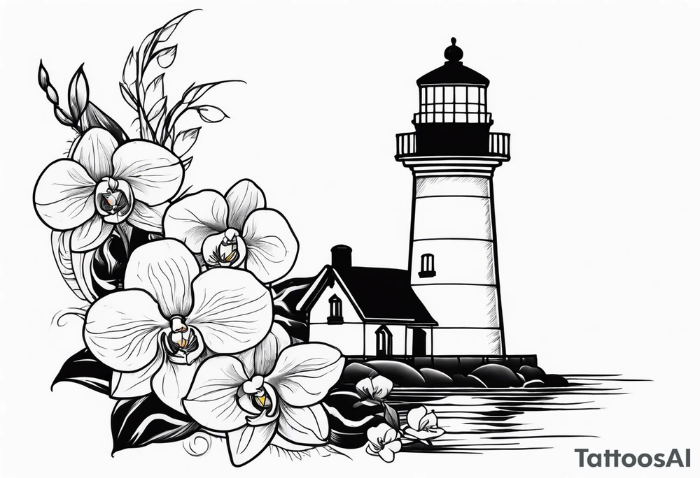 Lighthouse and anchor with orchids tattoo idea