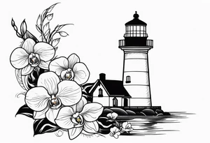 Lighthouse and anchor with orchids tattoo idea