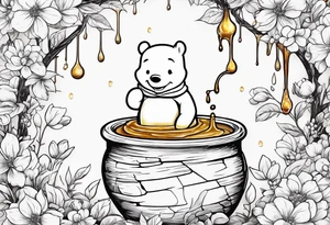 Winnie the Pooh pot of honey with drips of honey spilling over tattoo idea