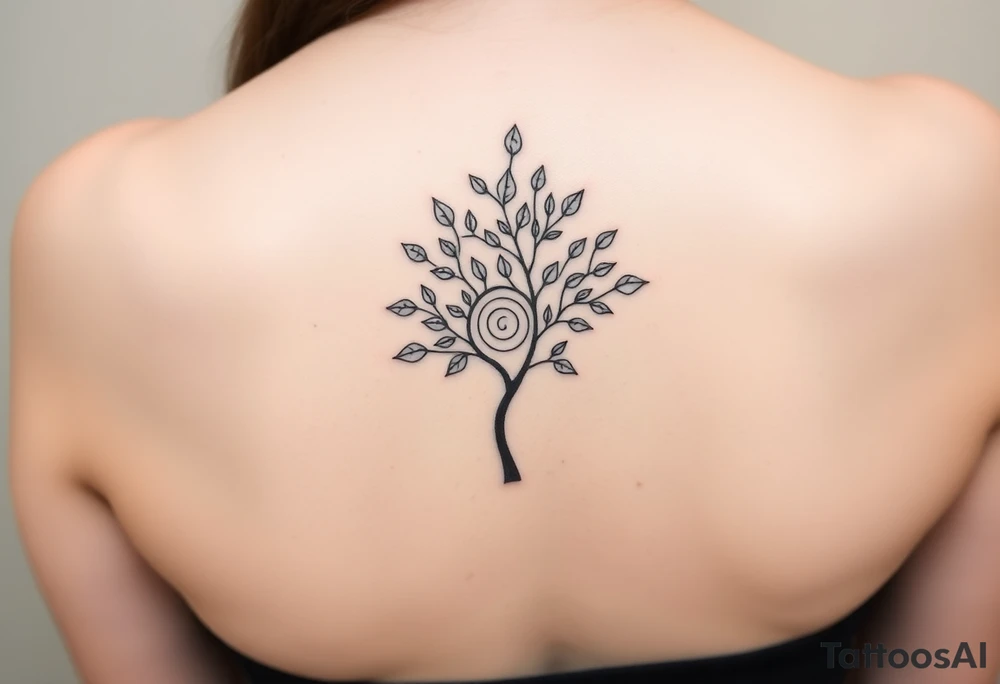 A tree with fee leaves, with a spiral line coming from the center of the tree and moving outward tattoo idea