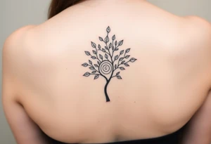 A tree with fee leaves, with a spiral line coming from the center of the tree and moving outward tattoo idea