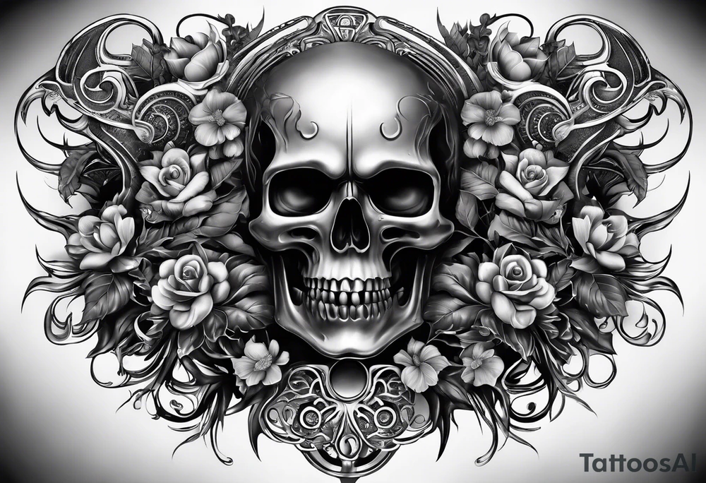 H.R. Giger tattoo with realistic evil skull, various flowers, water and fall colors tattoo idea