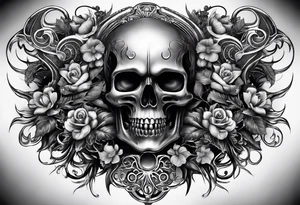 H.R. Giger tattoo with realistic evil skull, various flowers, water and fall colors tattoo idea