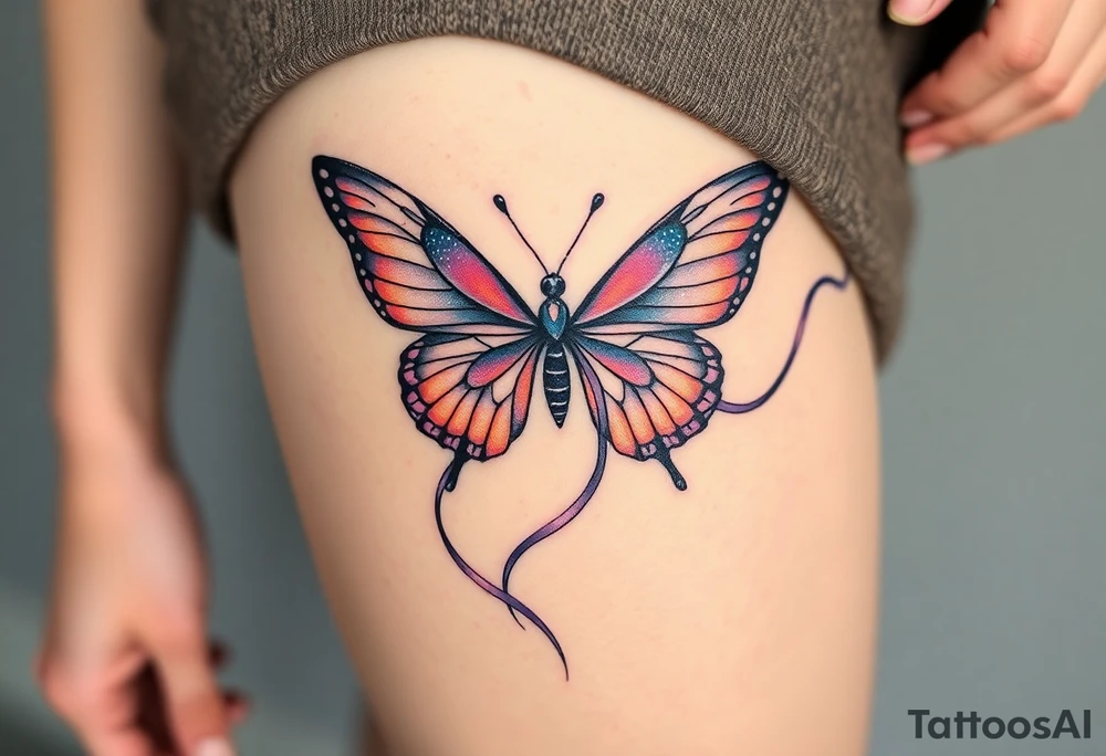 ethereal butterfly with flowing silk ribbons in moonlight tattoo idea