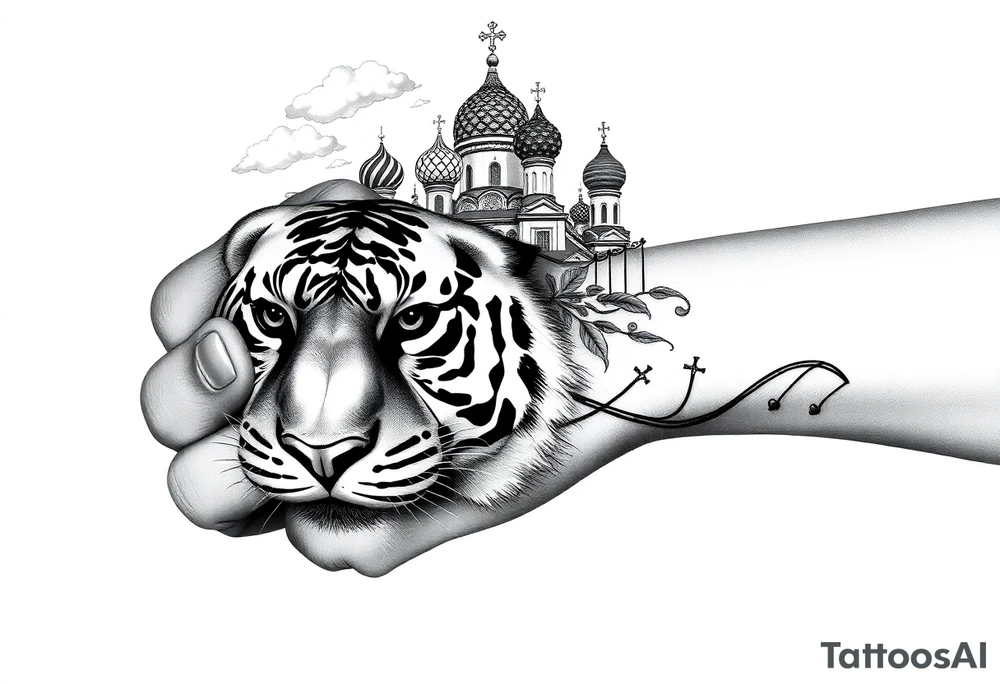Realistic tiger face on the back of the hand with strong contrast and fine detail with its eyes completely black. with a highly detailed Russian Orthodox cathedral sitting above on fore arm with onion domes and orthodox crosses, done in fine line, engraving-like style. Cohesive composition, black ink only, no color, high contrast, slightly aged, documentary-style, plain light background. with clouds above and a virgin mary 
spanning from my hand to lower fore arm tattoo idea