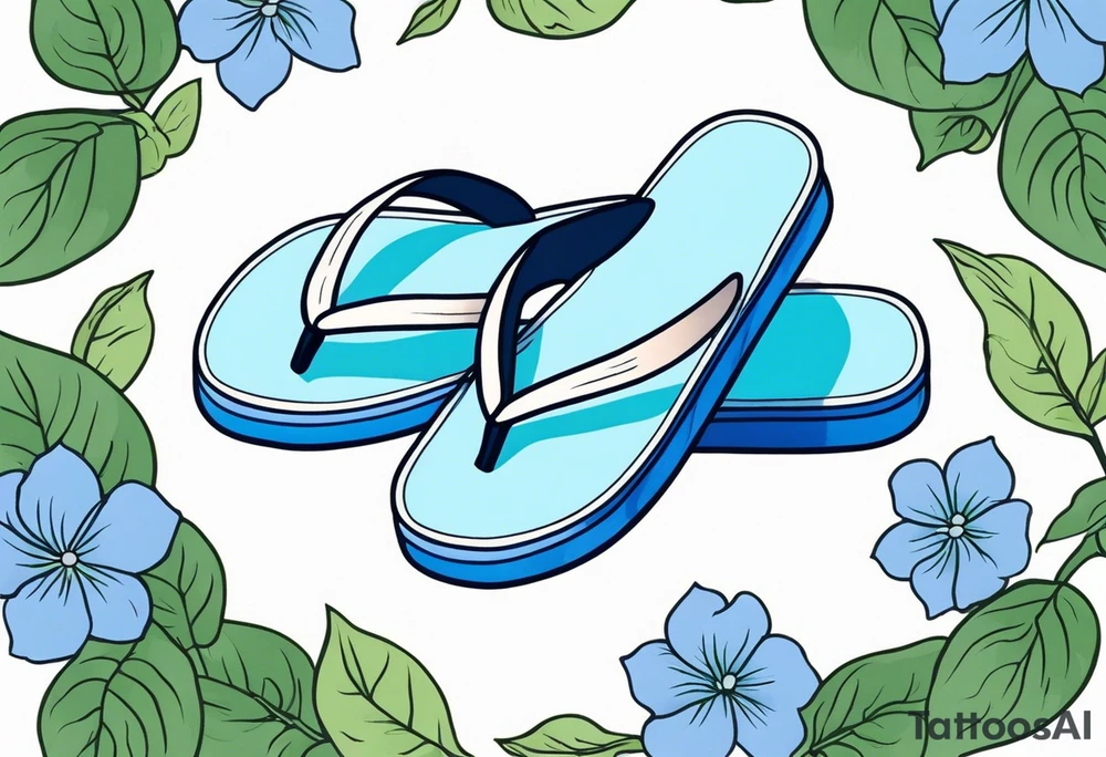 small tattoo of a single pastel blue flip flop surrounded by blue and periwinkle hydrangea flowers with green leaves tattoo idea