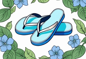 small tattoo of a single pastel blue flip flop surrounded by blue and periwinkle hydrangea flowers with green leaves tattoo idea